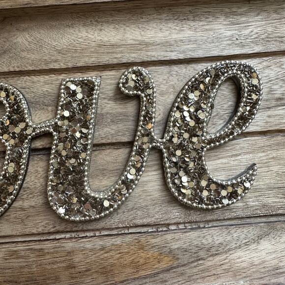 Wood Wall Decor Plaque "Love Saying" in Gold Sequins Cottage Girlie Home Office - Picture 3 of 6